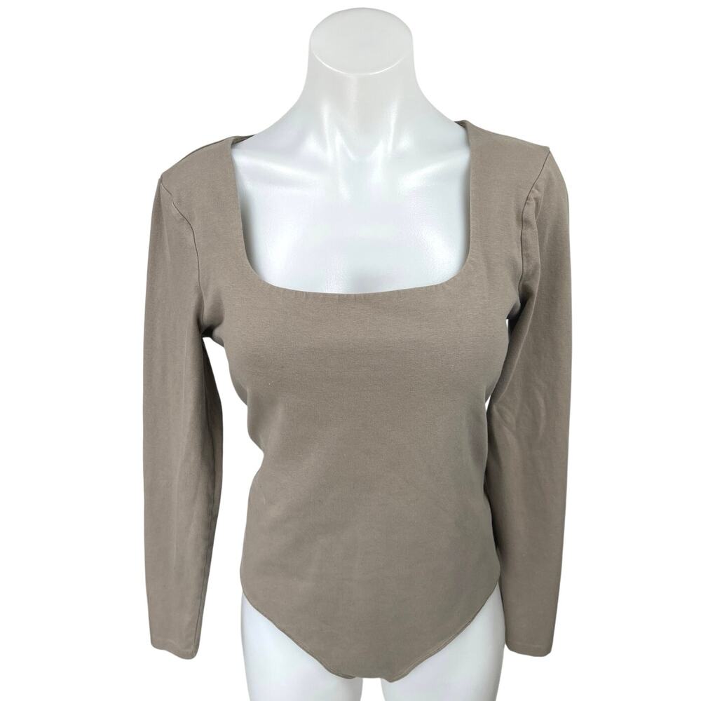 Abercrombie & Fitch Women's Khaki Tan Square Neck Long Sleeve Bodysuit Top Sz XL